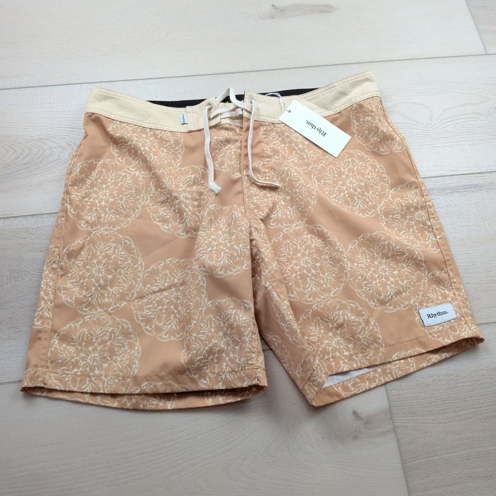 NEW Rhythm Shippo Trunk Mens 34 Board Shorts Peach Medallion Print Swim Trunks
